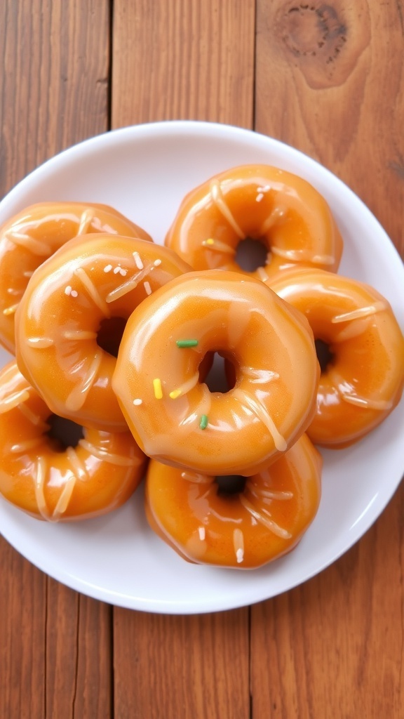 Classic Glazed Donuts Recipe A plate of golden glazed donuts with sprinkles on a rustic wooden table.